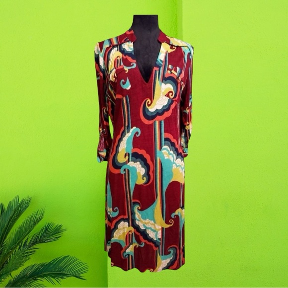 T-bags Los Angeles Dresses & Skirts - T-bags Los Angeles Retro Multicolored Art Nouveau Shirt Midi Dress Size M